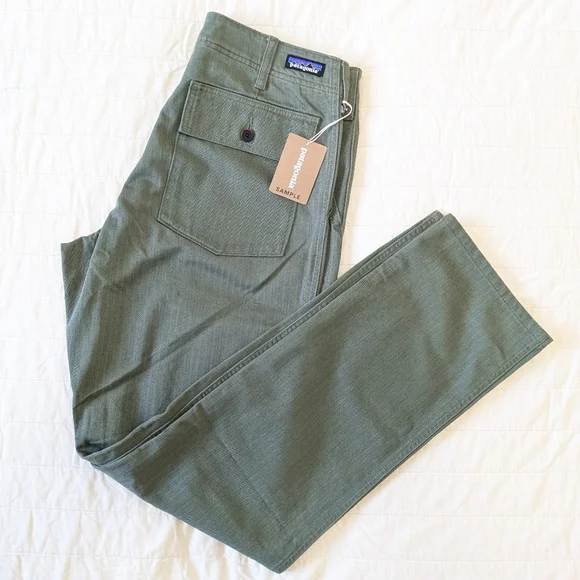 NWT Green Patagonia Organic Cotton Herringbone Utility Pants, Hiking Trousers - Picture 1 of 16